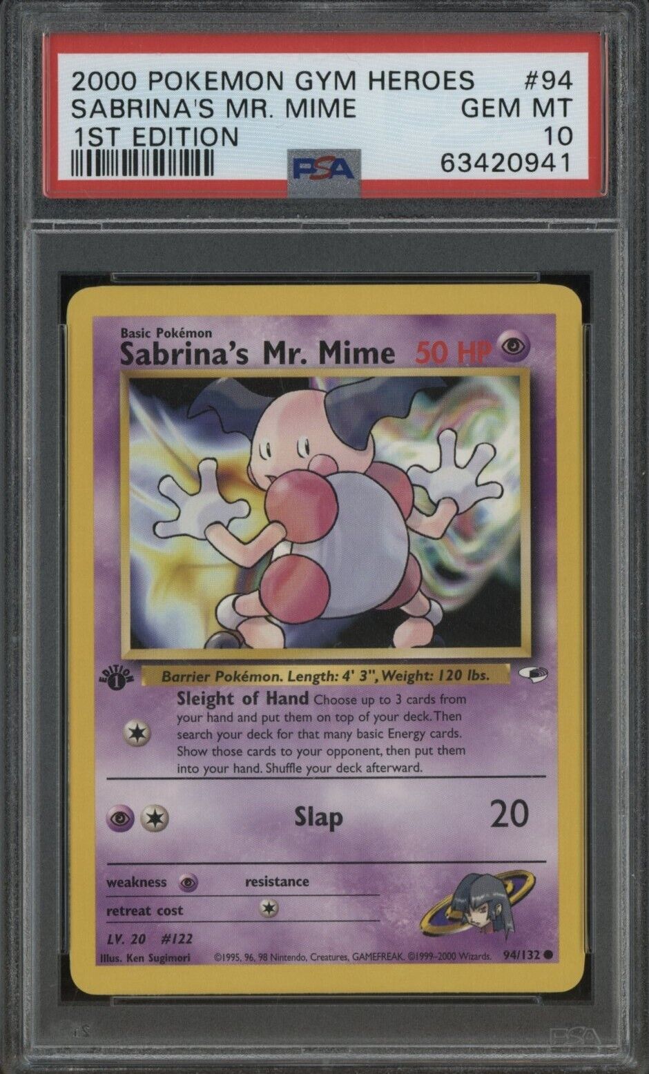 2000 Pokemon Gym Heroes 1st Edition #94 Sabrina's Mr. Mime PSA 10 GEM MINT