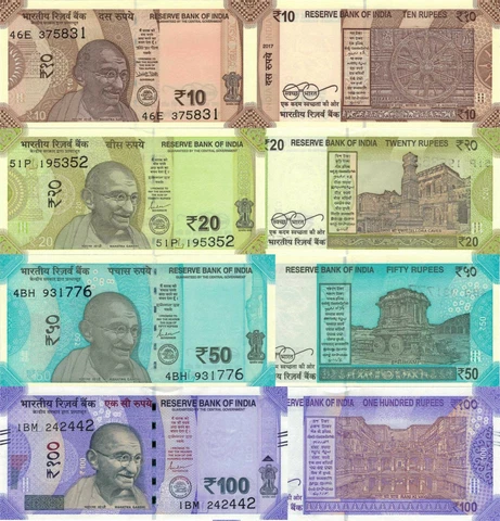 India 4 PCS Set: 10, 20, 50, 100 Rupees (2017-2022), p-W110, p-111f, p-112e UNC Cover