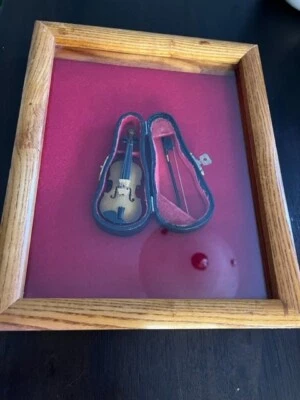 Miniature Violin and Bow Encased in Shadow Box Wooden Frame App 9" x 11" - Image 1 of 2