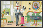 ARTIST DRAWN OLD POSTCARD ANTHROPOMORPHIC DOG DRESSING ANOTHER AT WINDOW FED