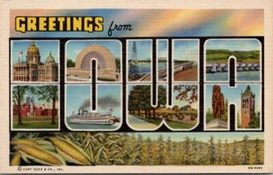 Greetings From Iowa Large Letter Postcard Vintage Linen Unposted Unused - Picture 1 of 2