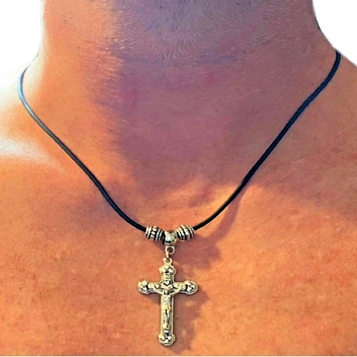 Collana rosario con croce da uomo donna catenina lunga 50 cm in caucciu ciondolo - Immagine 1 di 4