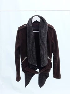 All Saints Suede Knit Biker Jacket Waterfall Belt Brown Size 10 - Picture 1 of 7
