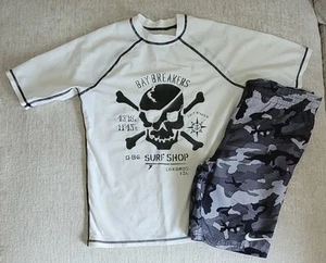 GAP KIDS NIKE Boys Yth Sz XL M 2pc Skull Rash Guard & Camo Swim Shorts Set~  - Picture 1 of 7