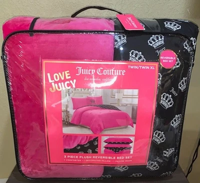 Juicy Couture TWIN/TWIN XL Reversible Comforter Set Plush Pink/Black with Crowns - Image 1 of 4