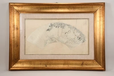 O02J41- Gerahmter Fächer China Aquarell auf Papier auf Stoff kaschiert - Bild 1 von 4