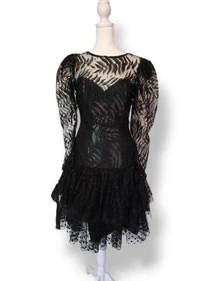 US VTG 80s TD4 Black Party Dress Burnout Sleeve Polka Dot Skirt Sz 7 WhimsyGoth - Image 1 of 4