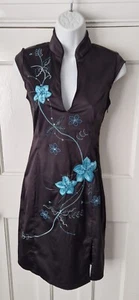 Jane Norman black turquoise satin oriental pencil wiggle party dress size 10 Y2K - Picture 1 of 14