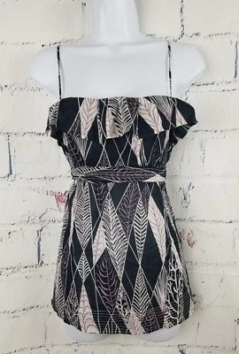 BCBG MAXAZRIA Top Blouse Small Leaf Print Ruffle Neck Sleeveless Strap Side Zip - Image 1 of 4