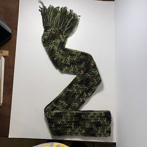 Hand Crochet Camouflage Yarn Knit Handmade Fringed - 4  1/2” x 96” LOOK!!!!