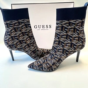 GUESS Dallyca Knit Sock Boots 6M Navy/Brown Monogram Pointed Toe Stiletto Heel - Picture 1 of 14