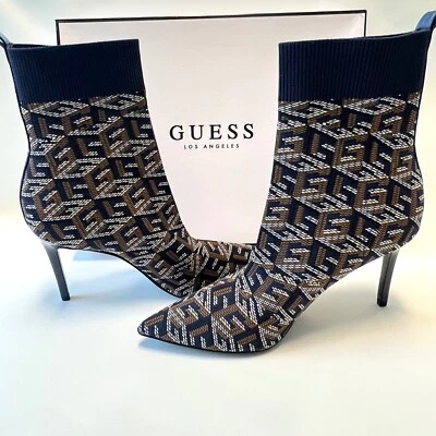 Botas Calcetín Tejidas GUESS Dallyca 6M Azul Marino/Marrón Monograma Punta Punta Tacón de Aguja Foto 1 de 4