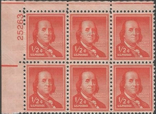 Plate Block of 6 stamps - Scott 1030 - 1/2 cent - Benjamin Franklin - 1955 - MNH - Image 1 of 1