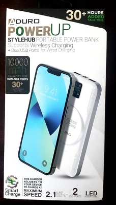 Banco de alimentación portátil Aduro Power Up para carga inalámbrica y USB con cable blanco Foto 1 de 4