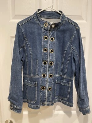 Vintage Live A Little Denim Jacket Grommet Accent Hook & Eye Closure Woman Large - Image 1 of 4
