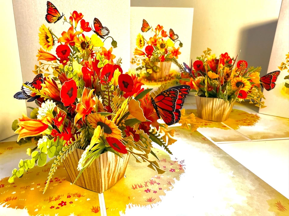 ORIGAMI POP CARDS Fall Flowers in Bucket Butterflies Happy Birthday Thank You 3D - Image 1 of 4