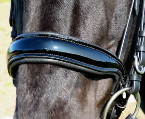FSS Noseband CUT AWAY Shaped CRANK Cavesson PATENT Padded LONG STRAP OVER POLL💝