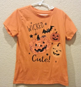 Girls Orange Short Sleeve Wicked Cute Sequin Pumpkin Halloween M (7-8) T-Shirt - Picture 1 of 11