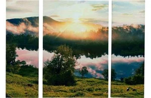 Teal Sunny Landscape Canvas Picture x 3 Panel Split Artwork H90 x W120cm (8158) - Picture 1 of 1