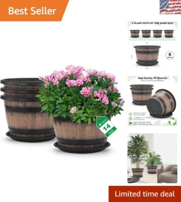 4件套耐用14英寸威士忌桶花盆室内和室外使用 — 第 1/4 张图片