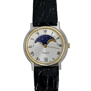 Reloj Piquot Hecho en Suiza Fase Lunar Dos Tonos Acero Dorado Números Romanos Correa Negra - Imagen 1 de 10