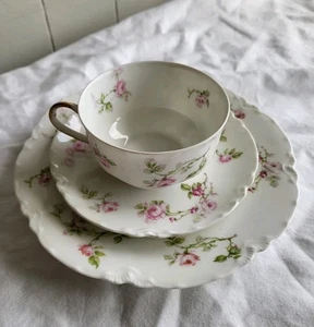 Haviland Limoges Cup Saucer Plate Trio Pink Roses Green Leaves Schleiger 31A  - Picture 1 of 14