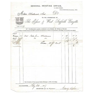 1858 Billhead, Essex & West Suffolk Gazette Newspaper - Picture 1 of 1
