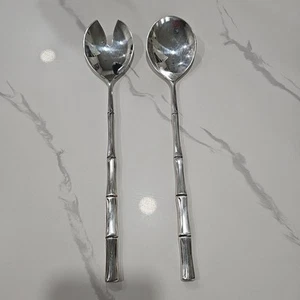 Silver Plate Bamboo Handle Salad Spoon & Fork Flatware Set Made In Italy A - Picture 1 of 4