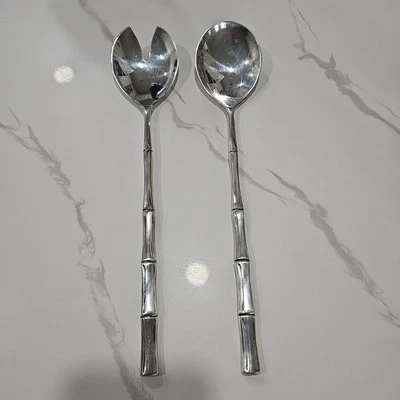 Silver Plate Bamboo Handle Salad Spoon & Fork Flatware Set Made In Italy A - Image 1 of 4