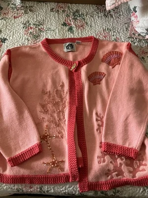 Storybook Knits Cardigan Sweater Sequins Seahorse Sea Shells Ocean Beach Pearls - Image 1 of 4