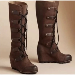 SOREL Joan Of Artic Lace Up Waterproof Leather Tall Wedge Boots Brown Sz 7 - Picture 1 of 10