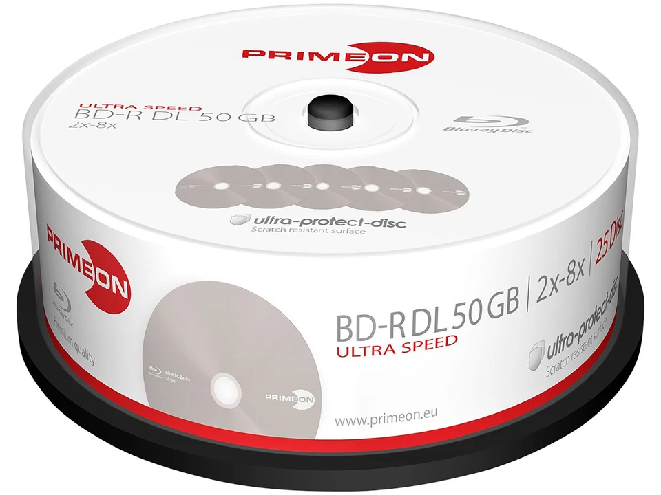 PRIMEON BD-Rohling BD-R DL 50GB 2-8x Cakebox 25 Stück - Bild 1 von 1