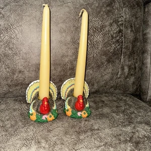 Vintage Turkey Thanksgiving Taper Candle Holders Set Ceramic With 2 Candles - Picture 1 of 6