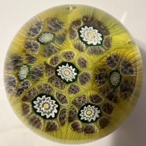 Vintage Millefiori Art Glass Paperweight Floral Yellow, Brown, Green Design - Picture 1 of 13
