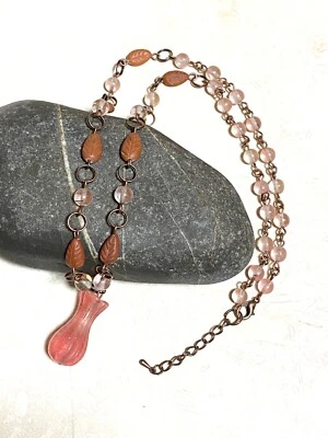 Cherry Quartz Flower Bud & Red Jasper Long Necklace, Gemstone + Copper Links - Image 1 of 4