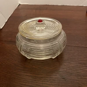 Tarro en polvo de vidrio acanalado Art Deco Depresión de vidrio transparente vintage con tapa - Imagen 1 de 6