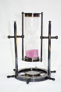 Antique Maritime Brass Sand Timer With Wheel Compass Base Office Decor Gift - Imagen 1 de 4