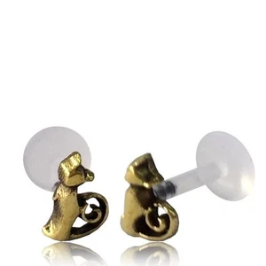 BRASS CAT TRAGUS HELIX 16G 1/4" inch 6mm INTERNAL BIOPLAST LABRET EAR STUD GOTH - Picture 1 of 2