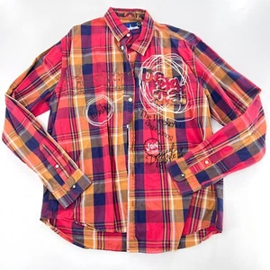 Desigual Mens Sz XL Red Orange Plaid Long Sleeve Regular Fit Button Front Shirt - Picture 1 of 6