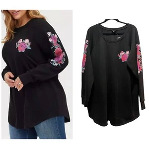 Torrid Cozy Fleece Roses Floral Black Pink Tunic Long Crew Neck Sweatshirt 3X - Picture 1 of 4