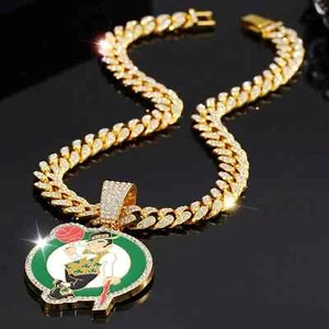 COLLAR GEMA Boston Celtics Oro/Plata Bling Hip Hop Colgante y Cadena 24"" - Imagen 1 de 16