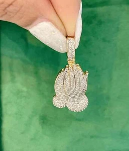 10K REAL GOLD 0.75 CTW REAL DAIMOND PRAYING HANDS PENDANT - Picture 1 of 5