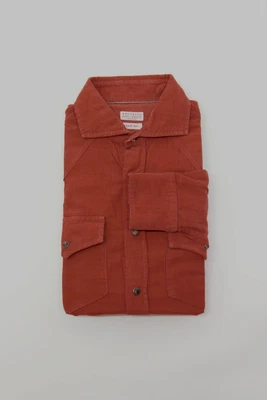 NUEVO CON ETIQUETAS Brunello Cucinelli Hombres "Fácil Ajuste" Pana Camisa a Presión Talla S A252 Foto 1 de 4