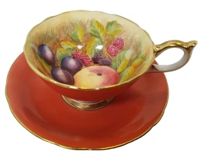 Vintage Aynsley Orchard Fruit Coral Gold Gilt Bone China  Cup & Saucer  D Jones - Picture 1 of 9