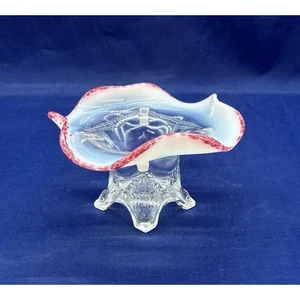 Vtg Antique Jefferson Glass Open Sugar Dish Bowl Opalescent Cranberry Frill Rim - Bild 1 von 8