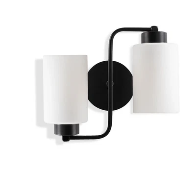 Aplique de pared de metal negro con 2 luces tocador lámpara cilindro pantallas de vidrio Foto 1 de 4