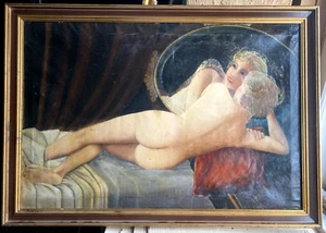::AKT ENGEL ELFE SICH IM SPIEGEL BETRACHTEND ANTIK INTERIEUR SALON UM 1900 ÖL - Bild 1 von 8