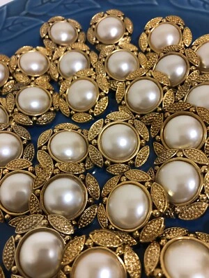 White Faux Rhinestone Gold Leaf Border Shank Button 30mm Lot of 4 AA300 - Image 1 of 4
