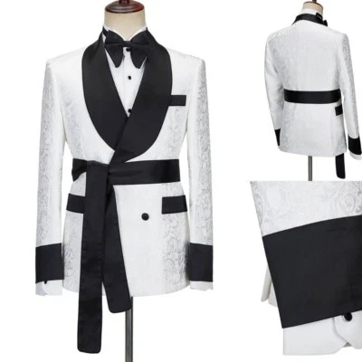 Traje Jacquard Blanco Hombre Doble Pecho Cinturón Esmoquin Mantón Solapa Personalizado Boda Foto 1 de 4