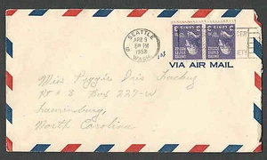 DATED 1952 COVER #807a 3c PREXY BKLT PANE PAIR PAYS 6c AIR MAIL RATE - Picture 1 of 1
